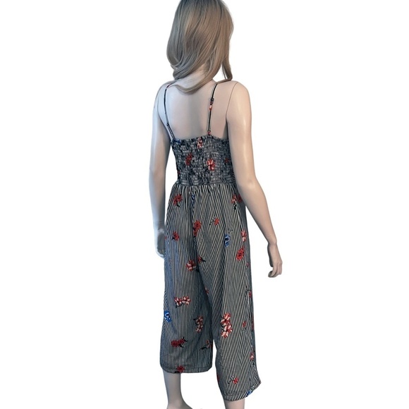 Japna Jumpsuit Romper Pants Floral Stripe Boho Shirred Smocked Tie Front - Picture 6 of 15